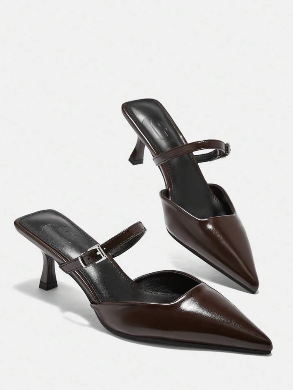 Women's Pointed Brown Leather Kitten Heel Mules with Buckle Strap